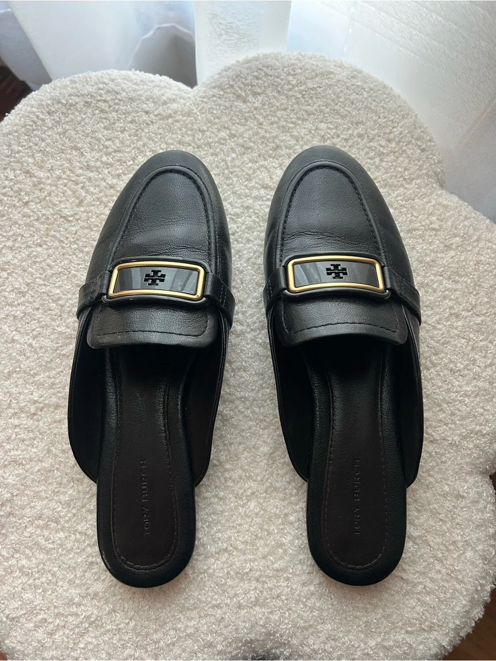Tory Burch Black Leather Slip-On Mule with Gold Buckle
